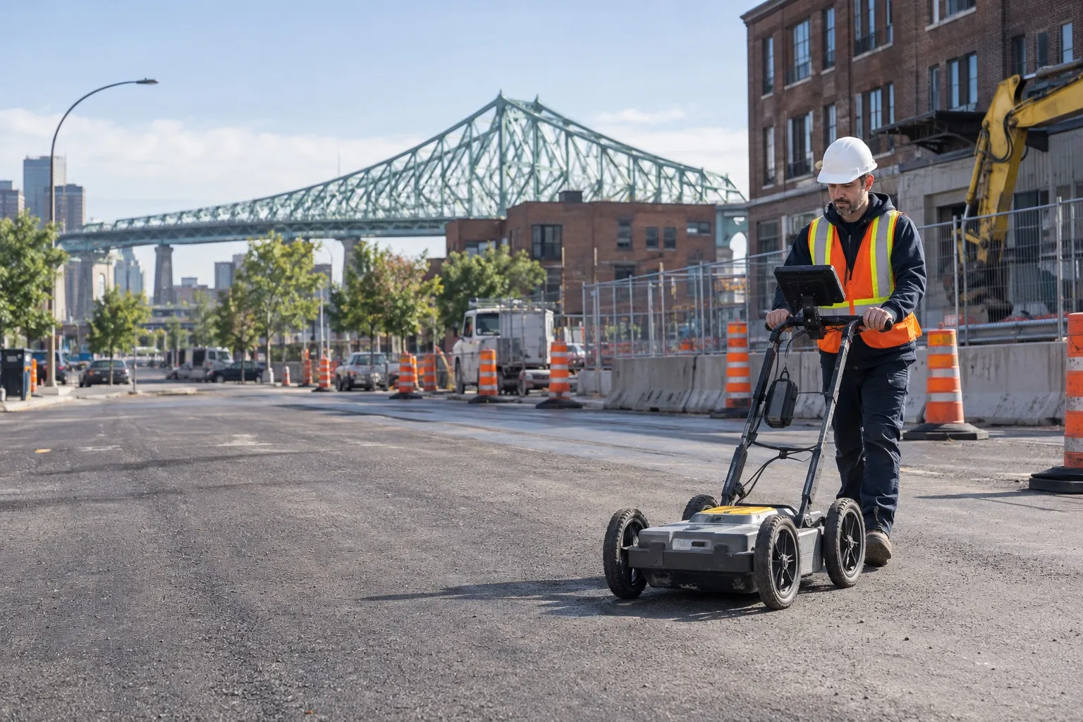 Technician pushing a ground-penetrating radar on a street under construction, cones and a bridge
