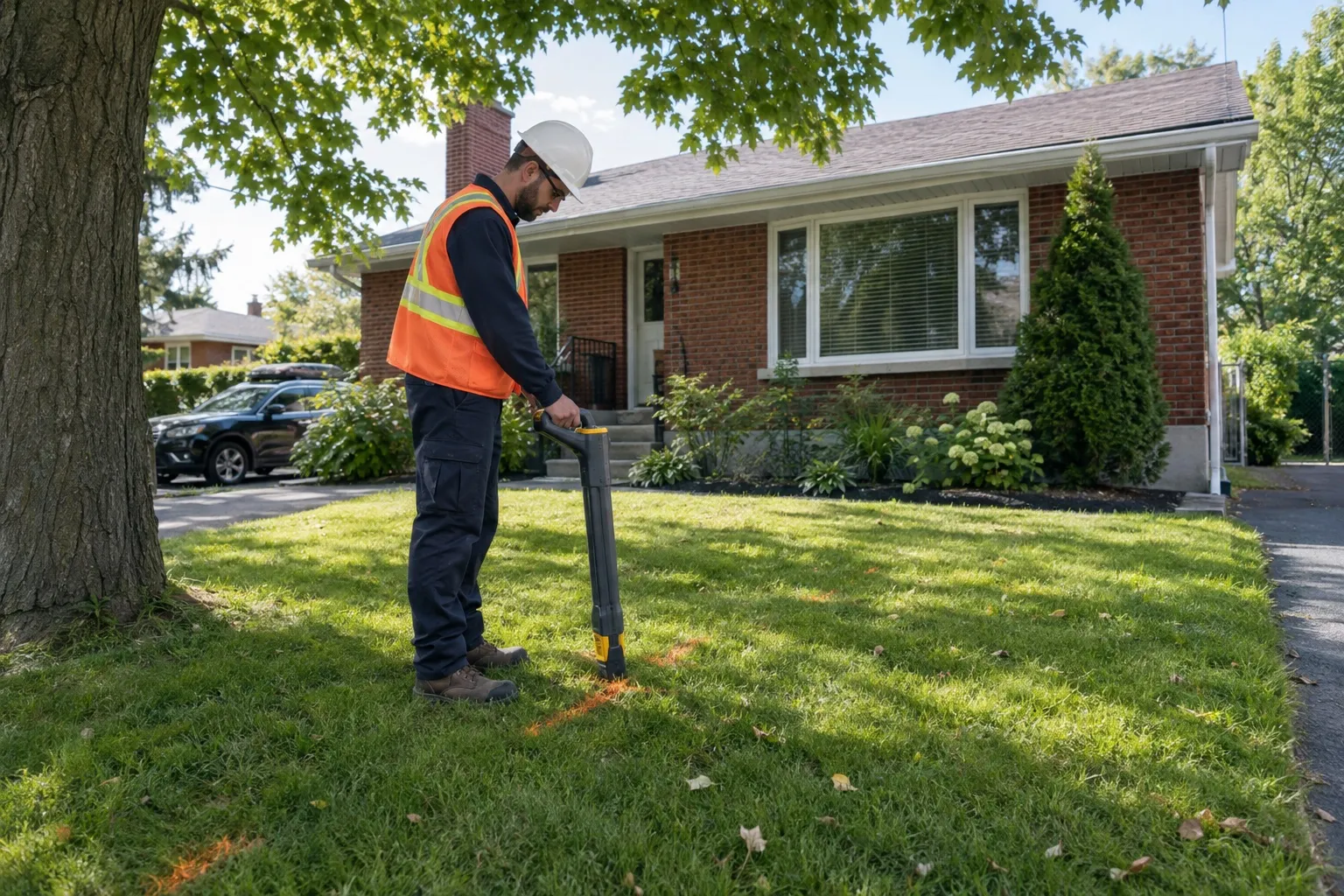 Technician using a locator on the lawn in front of a brick house