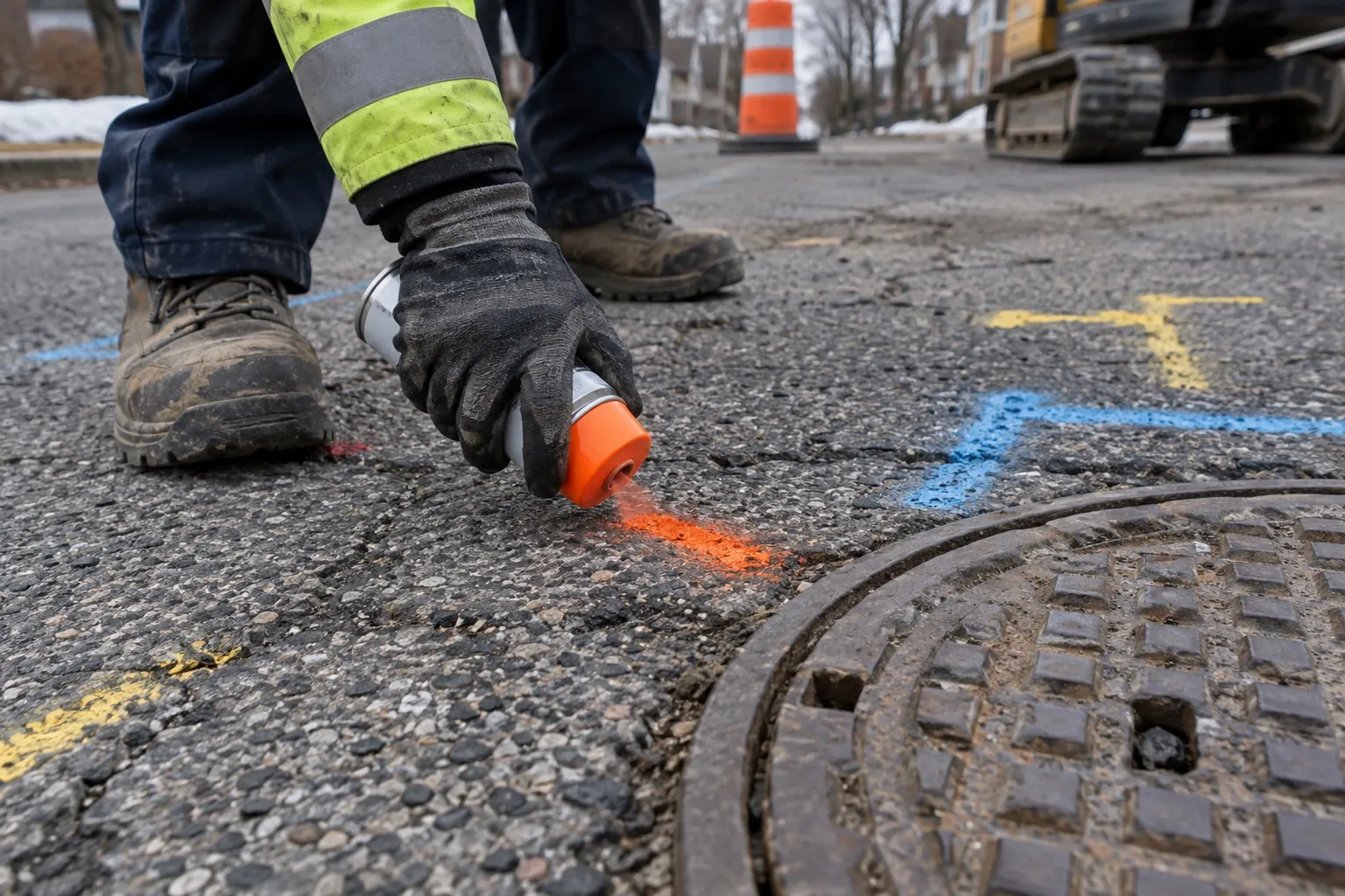 Marquage à la peinture orange d’un tracé sur l’asphalte, près d’un couvercle de regard