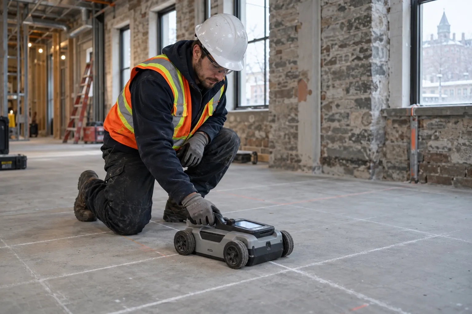 Technicien à genoux guidant un scanner à roues sur une dalle de béton, à l’intérieur