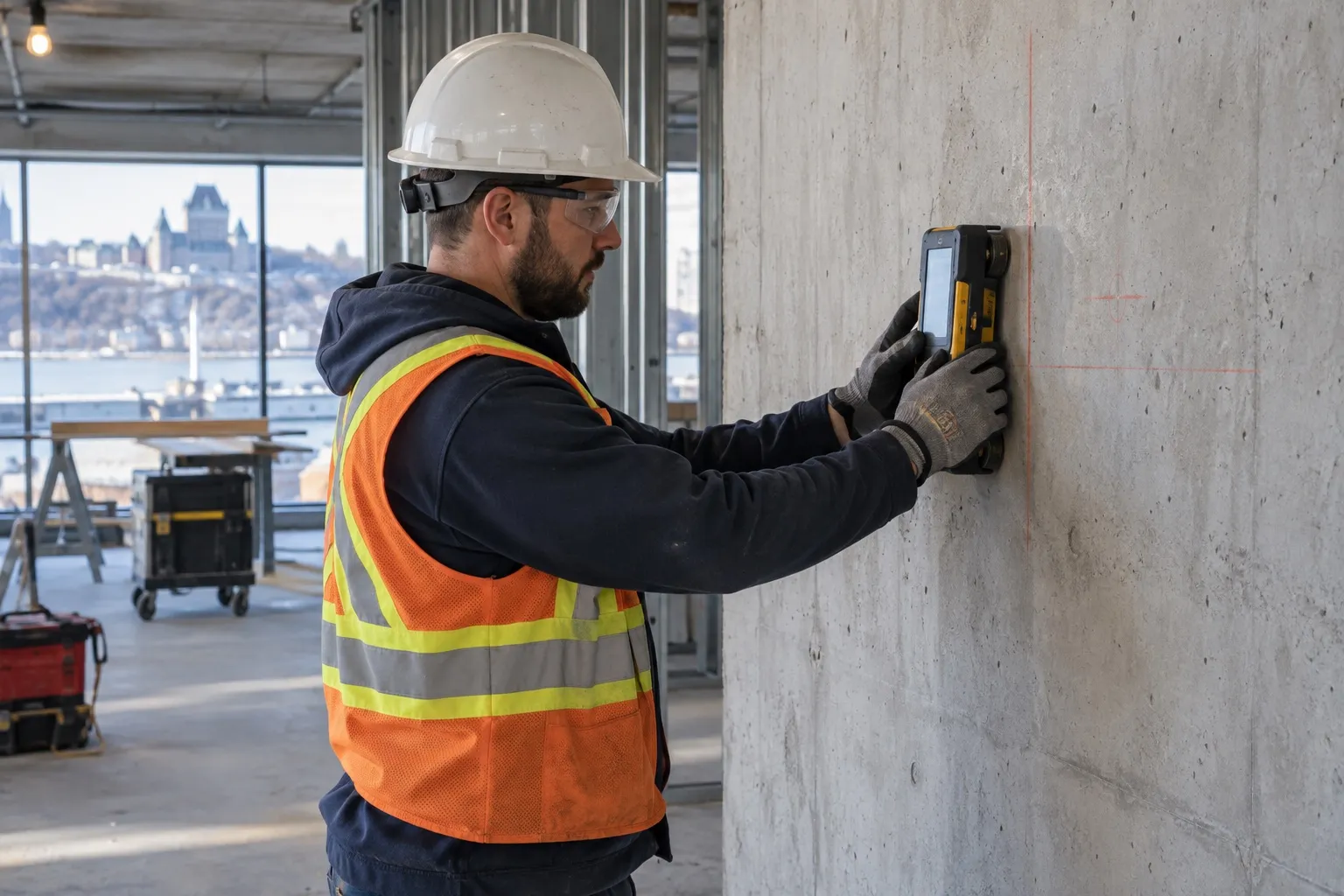Technicien appuyant un scanner portatif contre un mur de béton