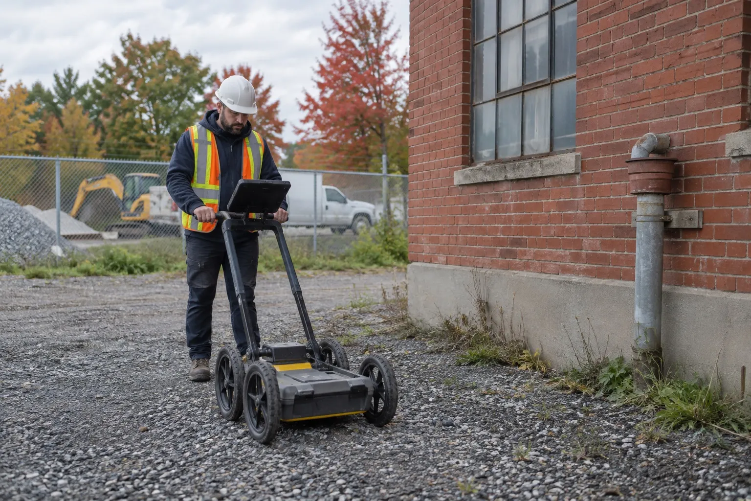 Technician pushing a ground-penetrating radar on gravel along a brick building