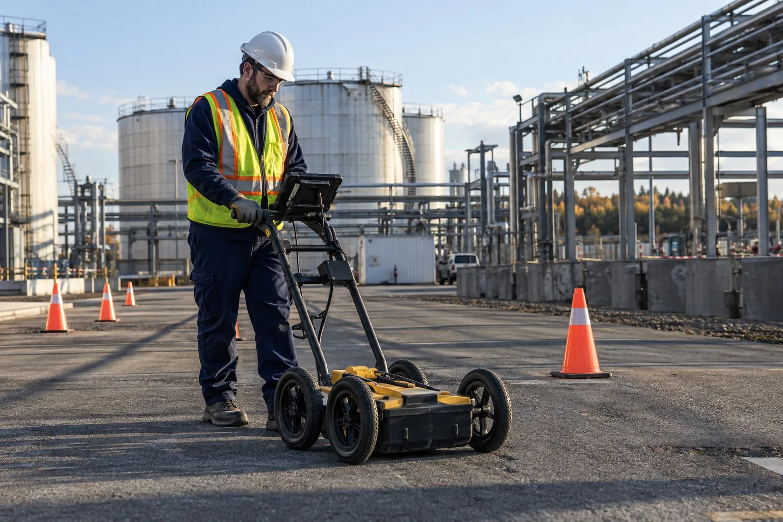 Technicien poussant un géoradar sur un site industriel balisé de cônes