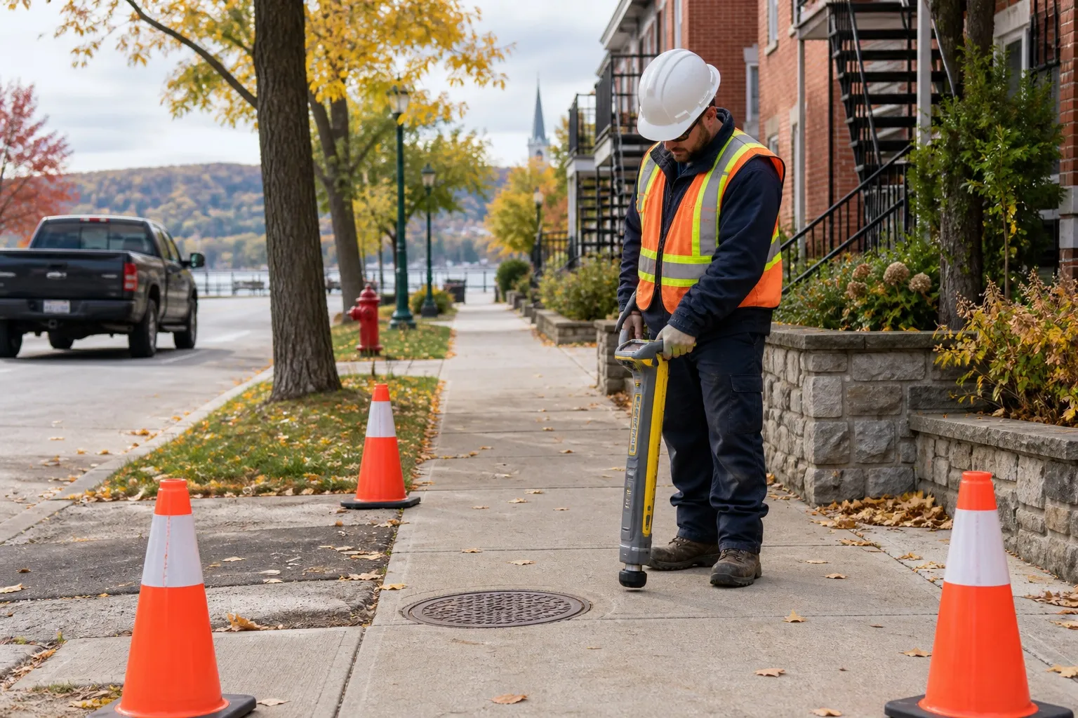 Technician using a locator on a sidewalk near a manhole, between cones