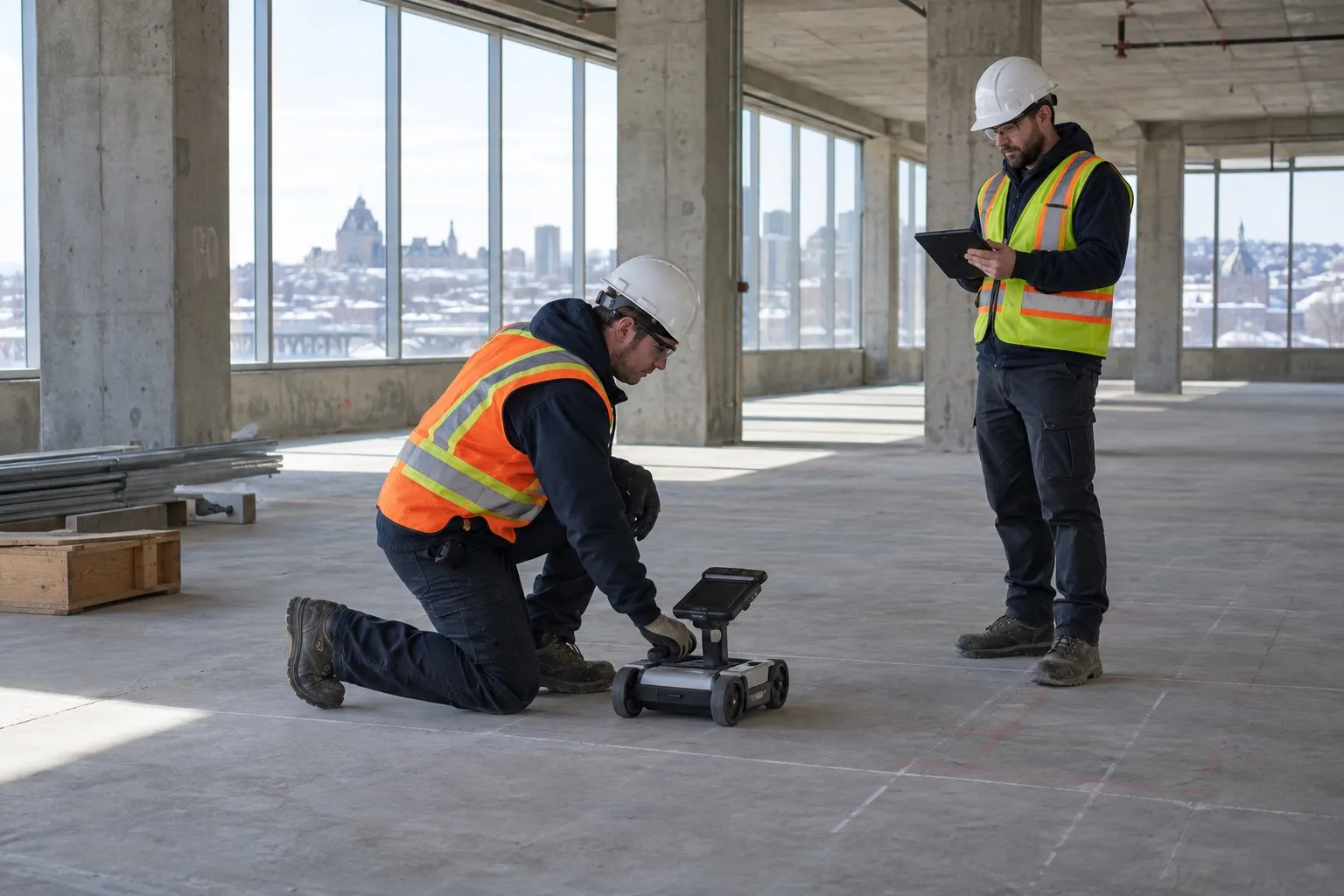 Deux techniciens avec un scanner sur la dalle d’un étage en travaux