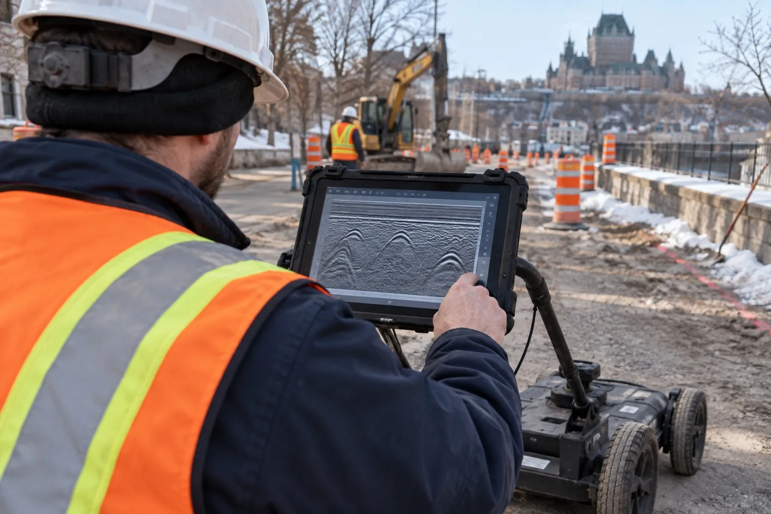Technicien consultant l’écran d’un géoradar sur un chantier en hiver
