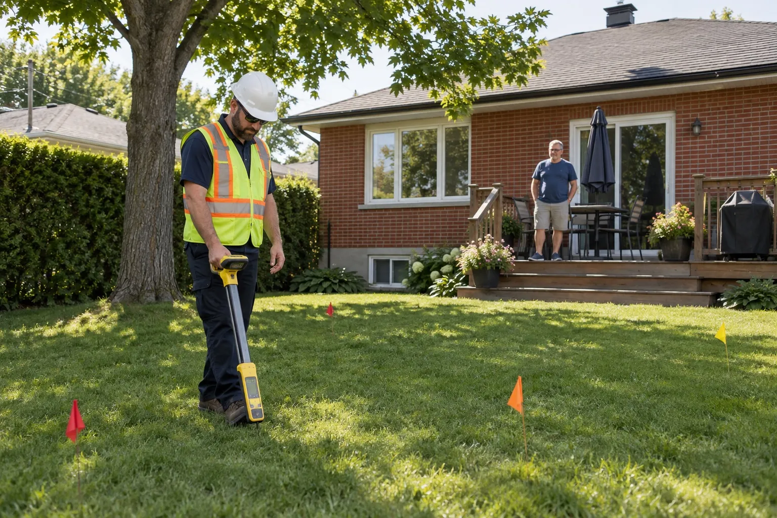 Technician using a locator on a backyard lawn with marking flags