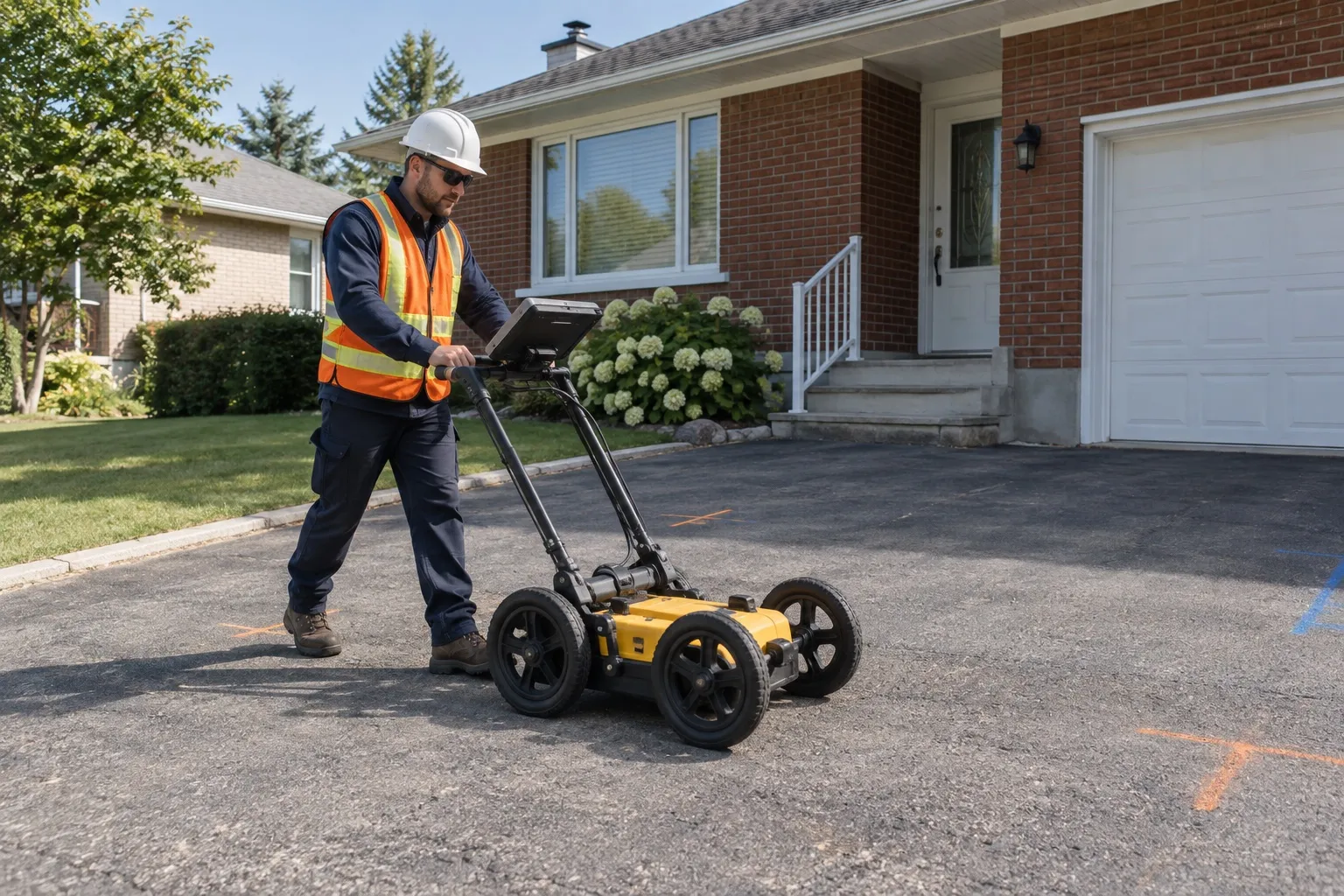 Technician pushing a ground-penetrating radar on an asphalt driveway in front of a house