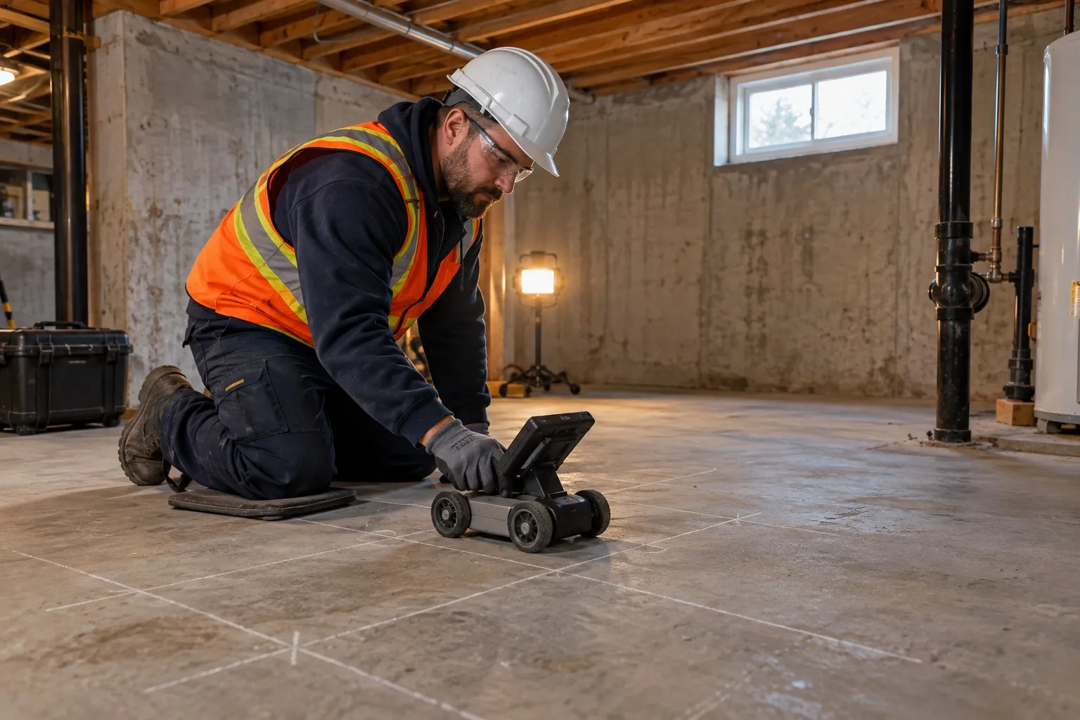 Technician kneeling and scanning a basement concrete slab