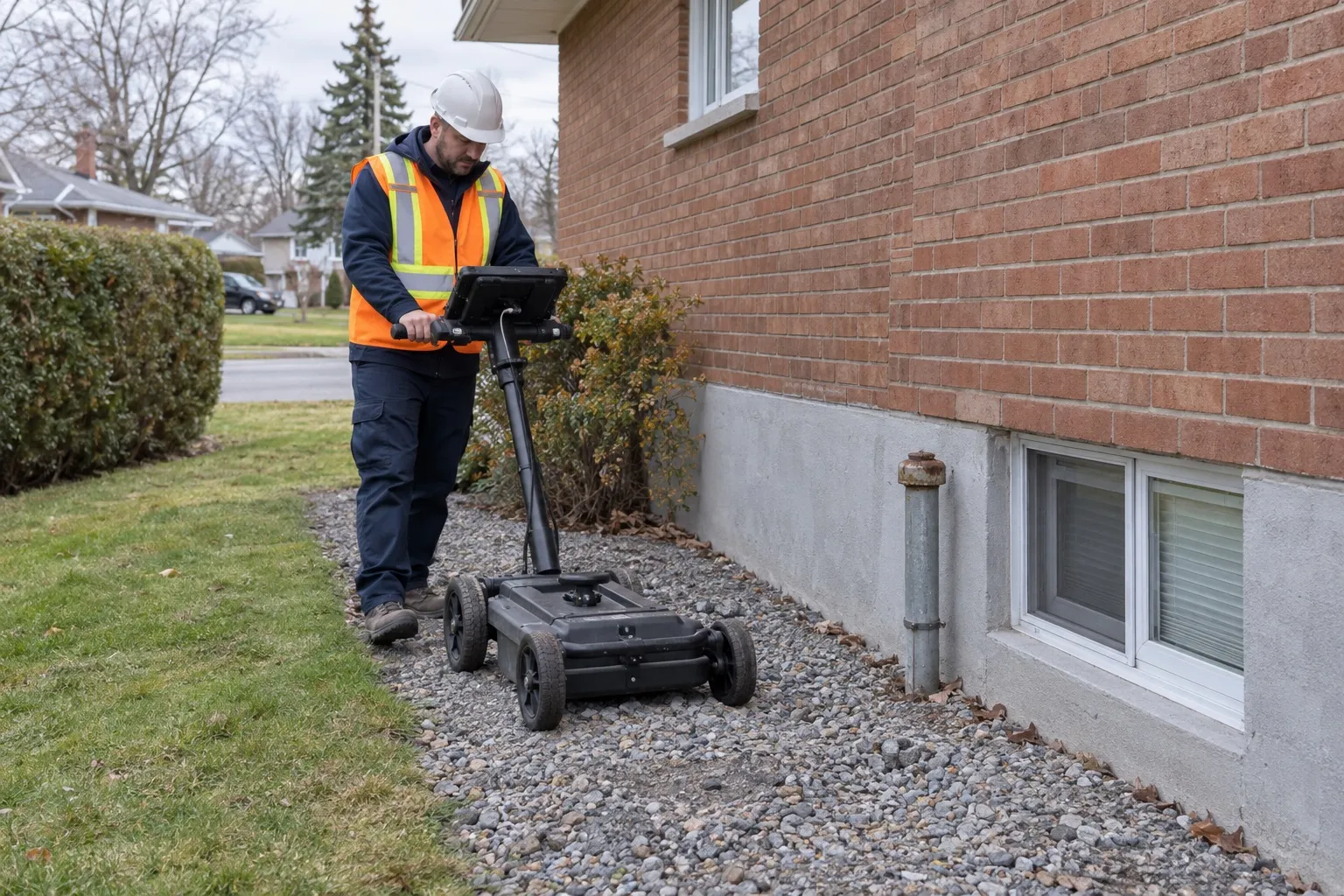 Technicien poussant un géoradar sur une bande de gravier le long des fondations d’une maison