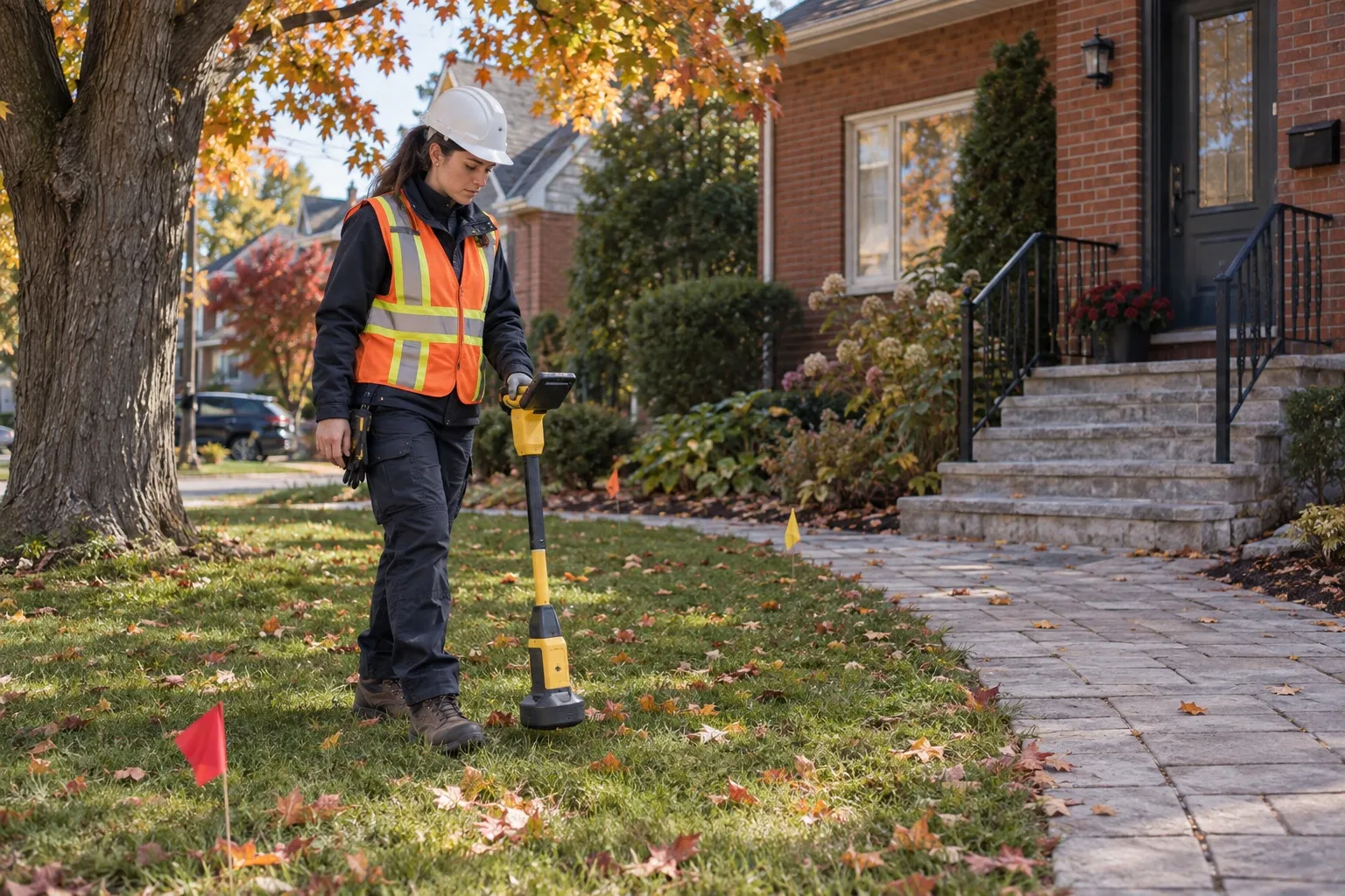 Technician using a locator on a lawn, marking flags near a walkway