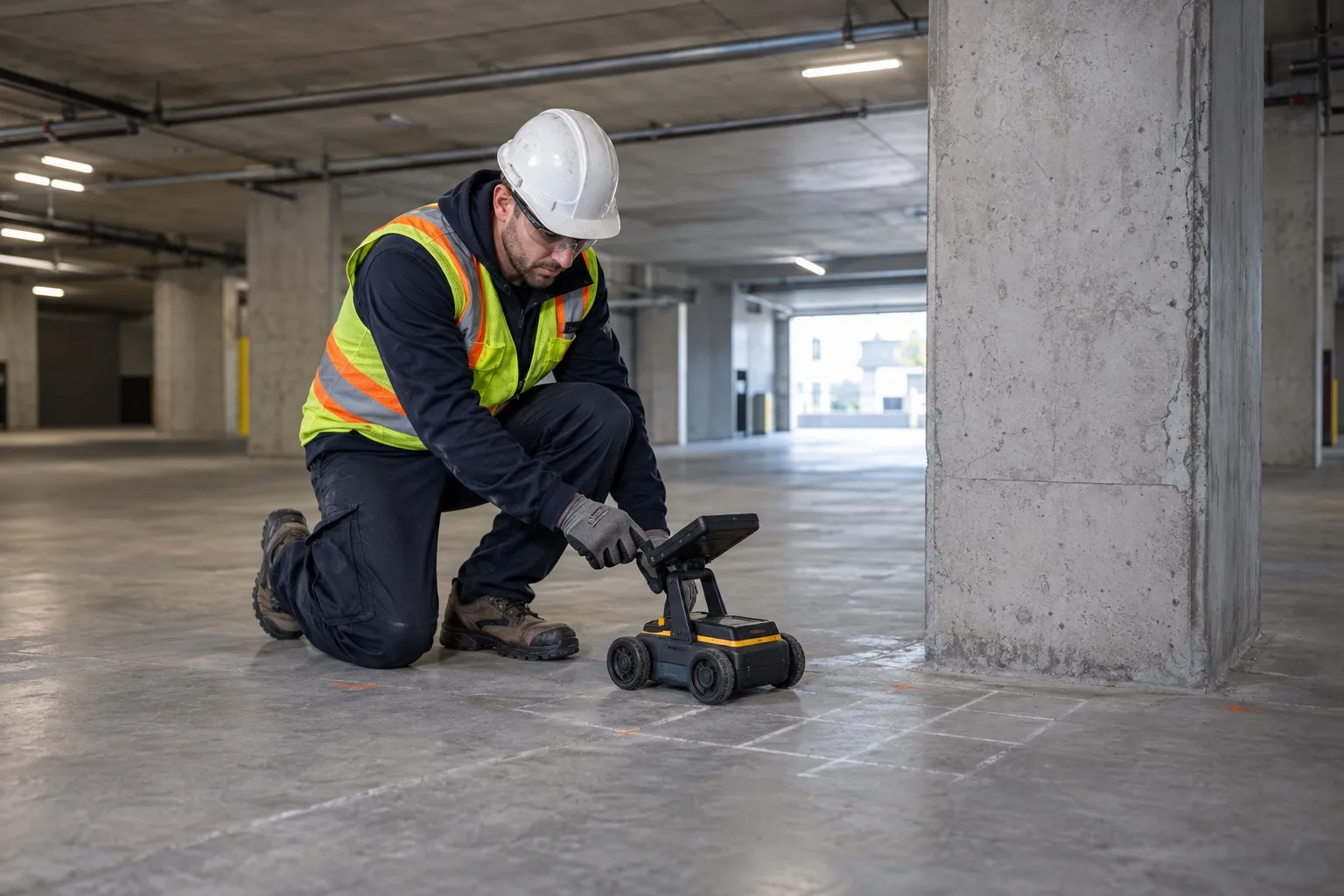 Technicien à genoux scannant la dalle d’un stationnement intérieur
