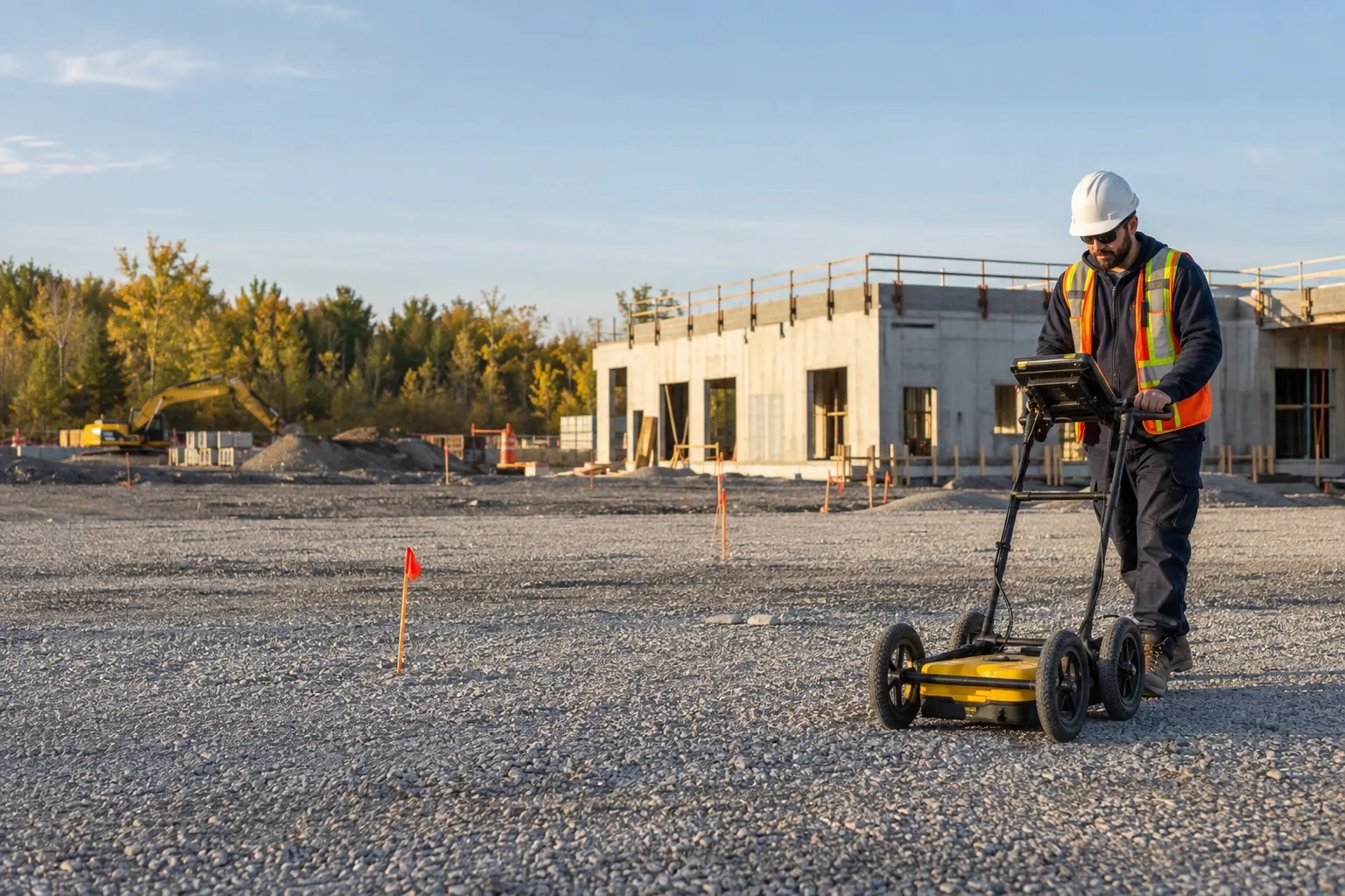 Technician pushing a ground-penetrating radar on a gravel lot, building under construction behind